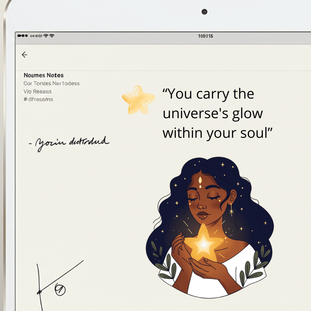 Pantalla de teléfono mostrando la frase inspiracional 'Llevas el resplandor del universo dentro de tu alma' con emoji de estrella decorativo y sticker de mujer cósmica debajo