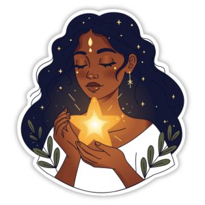Sticker digital que muestra una mujer con cabello de cielo estrellado sosteniendo una estrella brillante en su pecho, rodeada de ramas de olivo, simbolizando la luz interior y el empoderamiento personal