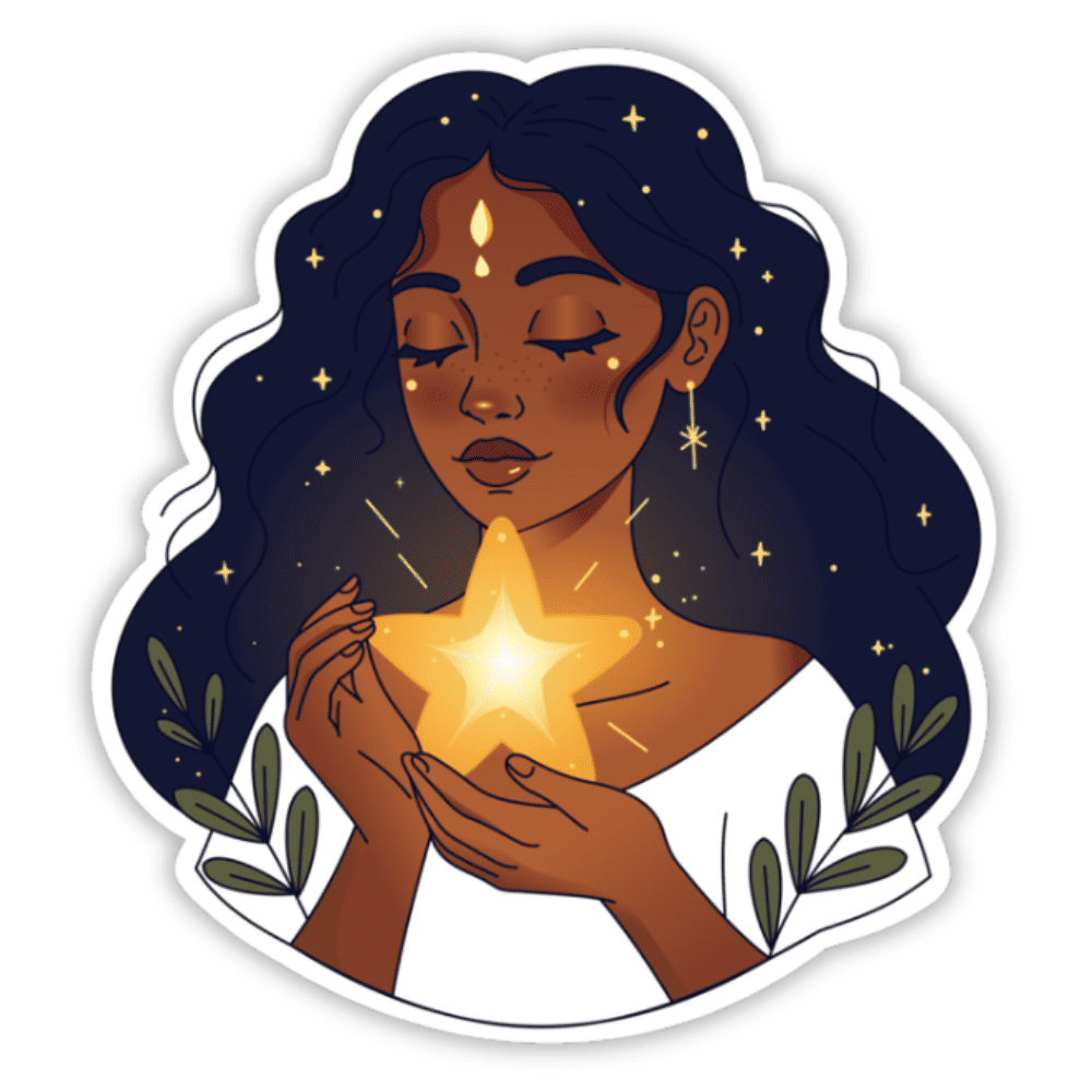 Sticker digital que muestra una mujer con cabello de cielo estrellado sosteniendo una estrella brillante en su pecho, rodeada de ramas de olivo, simbolizando la luz interior y el empoderamiento personal