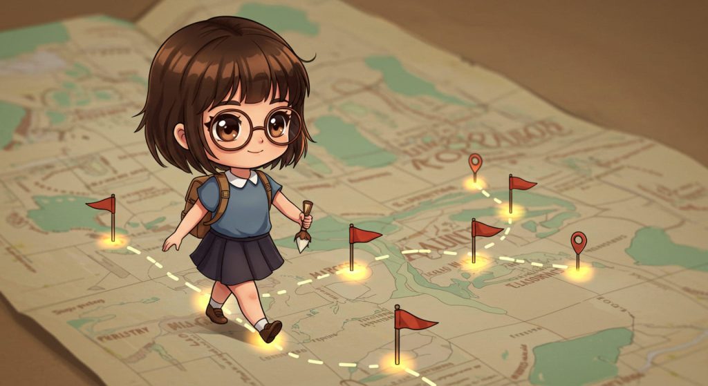Ilustración de una joven exploradora con mochila caminando sobre un mapa con múltiples destinos marcados, simbolizando la creación del propio camino en la vida y la búsqueda personal de dirección