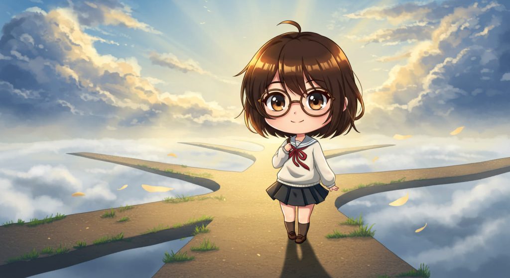 Personaje anime femenino con lentes y uniforme escolar parada en una encrucijada bajo un cielo nublado dorado, evocando temas de decisiones y nuevos comienzos.
