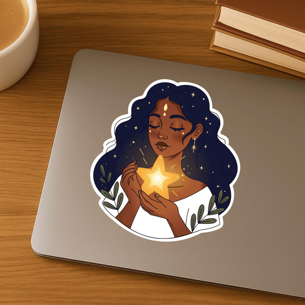 Laptop decorada con sticker de mujer cósmica que muestra una figura con cabello estrellado sosteniendo una estrella brillante, colocado en escritorio de madera con taza de café y libros