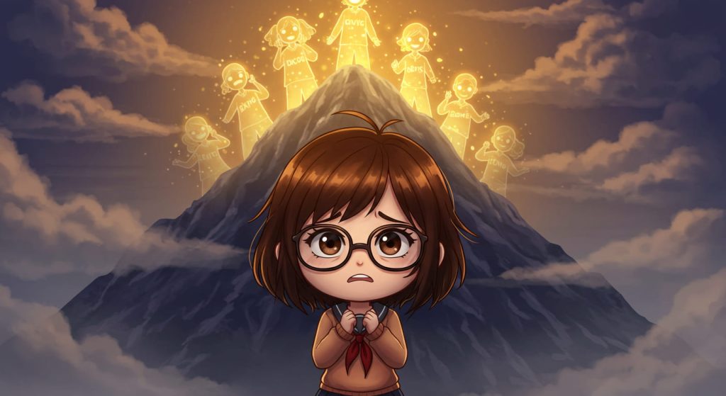 Ilustración de una persona pequeña al pie de una montaña mirando hacia arriba, donde figuras doradas brillantes representan gurús de autoayuda que dan consejos desde la cima, simbolizando la distancia emocional entre quienes buscan ayuda y los expertos que ya "salieron adelante"