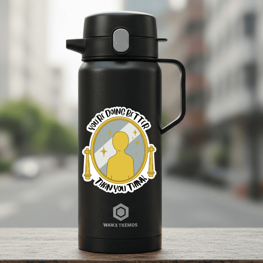 Termo negro con asa y diseño motivacional "You're doing better than you think" con espejo dorado y silhoueta