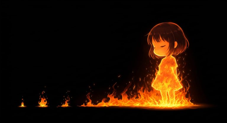 Ilustración simbólica de una figura humana rodeada de llamas doradas sobre fondo negro, con pequeñas chispas progresando hacia una gran llamarada, representando la transformación personal que surge del duelo y la pérdida