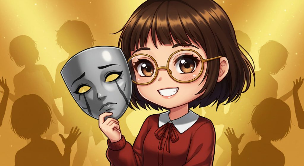 Ilustración de una niña con lentes y suéter rojo sosteniendo una máscara gris, con siluetas borrosas en el fondo dorado, representando la invisibilidad elegida y la búsqueda de autenticidad en las relaciones sociales